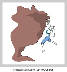 Continuous single line sketch drawing of woman climbing a cliff mountain. One line extreme dangerous sport activity vector illustration