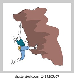 Continuous single line sketch drawing of woman climbing a cliff mountain. One line extreme dangerous sport activity vector illustration