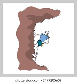 Continuous single line sketch drawing of woman climbing a cliff mountain. One line extreme dangerous sport activity vector illustration