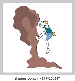 Continuous single line sketch drawing of man climbing a cliff mountain. One line extreme dangerous sport activity vector illustration