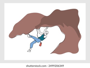 Continuous single line sketch drawing of man climbing a cliff mountain. One line extreme dangerous sport activity vector illustration