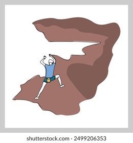 Continuous single line sketch drawing of man climbing a cliff mountain. One line extreme dangerous sport activity vector illustration