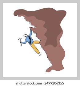 Continuous single line sketch drawing of man climbing a cliff mountain. One line extreme dangerous sport activity vector illustration