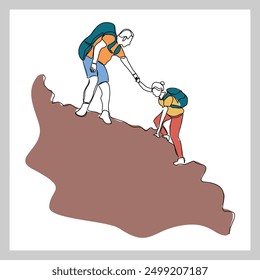 Continuous single line sketch drawing group of people man woman helping each other hike up a mountain. One line art business, success, leadership, achievement and goal