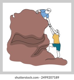 Continuous single line sketch drawing group of people man woman helping each other hike up a mountain. One line art business, success, leadership, achievement and goal