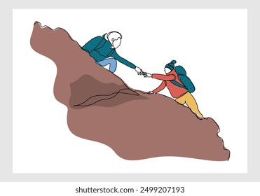 Kontinuierliche einzelne Linie Skizze Zeichnungsgruppe von Menschen Mann Frau helfen sich gegenseitig einen Berg hinauf wandern. One Line Art Business, Erfolg, Führung, Leistung und Ziel