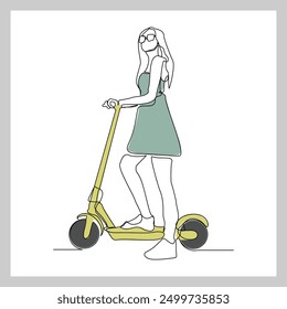 Continuous single line sketch drawing of young woman ride electric scooter for mobile activity. One line modern go green future transportation vector illustration