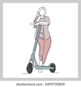 Continuous single line sketch drawing of young woman ride electric scooter for mobile activity. One line modern go green future transportation vector illustration