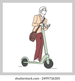 Continuous single line sketch drawing of young man ride electric scooter for mobile activity. One line modern go green future transportation vector illustration