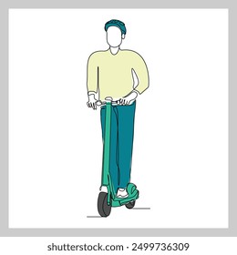 Continuous single line sketch drawing of young man ride electric scooter for mobile activity. One line modern go green future transportation vector illustration