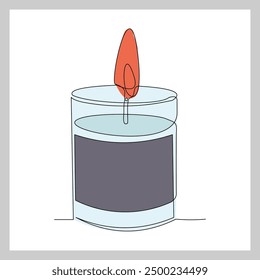 Continuous single line sketch drawing of aromatic therapy romantic burning candle light in glass jar. One line art of beautiful spa candle relaxation vector illustration