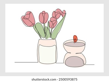 Dibujo continuo de boceto de una sola línea de vela aromática de spa y hermosa maceta de florero. Una línea de arte de la Ilustración vectorial hermosa de la decoración casera