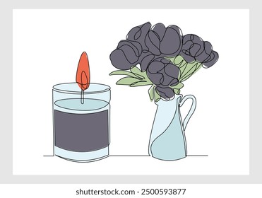 Continuous single line sketch drawing of aromatic spa candle and beautiful flower vase pot. One line art of beautiful home decoration vector illustration