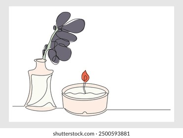 Continuous single line sketch drawing of aromatic spa candle and beautiful flower vase pot. One line art of beautiful home decoration vector illustration
