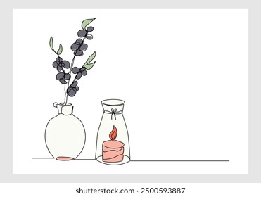 Continuous single line sketch drawing of aromatic spa candle and beautiful flower vase pot. One line art of beautiful home decoration vector illustration