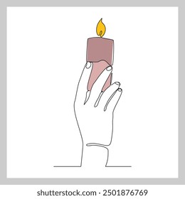 Continuous single line sketch drawing of hand holding aromatic therapy romantic burning candle light in glass jar. One line art of people carrying beautiful spa candle relaxation vector illustration