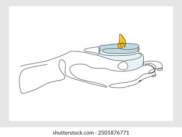 Continuous single line sketch drawing of hand holding aromatic therapy romantic burning candle light in glass jar. One line art of people carrying beautiful spa candle relaxation vector illustration