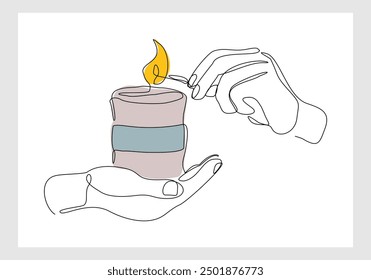 Continuous single line sketch drawing of hand holding aromatic therapy romantic burning candle light in glass jar. One line art of people carrying beautiful spa candle relaxation vector illustration