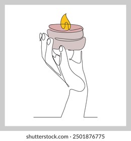 Continuous single line sketch drawing of hand holding aromatic therapy romantic burning candle light in glass jar. One line art of people carrying beautiful spa candle relaxation vector illustration