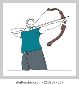 Continuous single line sketch drawing of professional archer bow athlete aiming target. One line art of sport hobby archery concept vector illustration