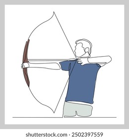 Continuous single line sketch drawing of professional archer bow athlete aiming target. One line art of sport hobby archery concept vector illustration