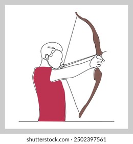 Continuous single line sketch drawing of professional archer bow athlete aiming target. One line art of sport hobby archery concept vector illustration