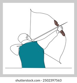 Continuous single line sketch drawing of professional archer bow athlete aiming target. One line art of sport hobby archery concept vector illustration