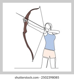 Continuous single line sketch drawing of professional archer bow athlete aiming target. One line art of sport hobby archery concept vector illustration