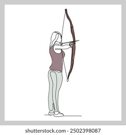 Continuous single line sketch drawing of professional archer bow athlete aiming target. One line art of sport hobby archery concept vector illustration