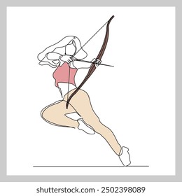 Continuous single line sketch drawing of professional archer bow athlete aiming target. One line art of sport hobby archery concept vector illustration