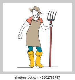 Continuous single line sketch drawing of farmer woman worker holding fork farming tool. One line art of occupation professional worker vector illustration