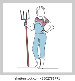 Continuous single line sketch drawing of farmer woman worker holding fork farming tool. One line art of occupation professional worker vector illustration