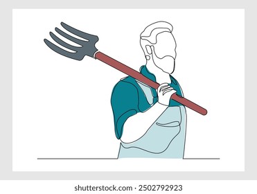 Continuous single line sketch drawing of farmer man worker holding fork farming tool. One line art of occupation professional worker vector illustration