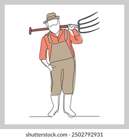 Continuous single line sketch drawing of farmer man worker holding fork farming tool. One line art of occupation professional worker vector illustration