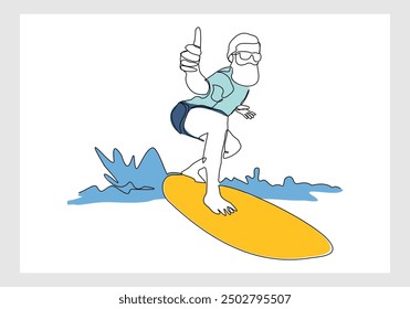 Continuous single line sketch drawing of professional surfing athlete man ride surfboard on big wave. One line art of extreme sport surfer on beach summer vector illustration