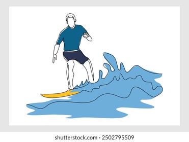Continuous single line sketch drawing of professional surfing athlete man ride surfboard on big wave. One line art of extreme sport surfer on beach summer vector illustration