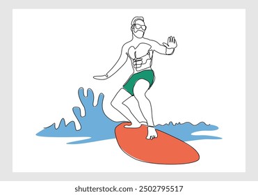 Continuous single line sketch drawing of professional surfing athlete man ride surfboard on big wave. One line art of extreme sport surfer on beach summer vector illustration