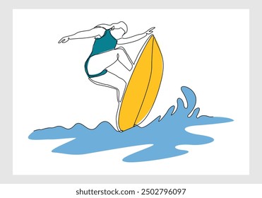 Continuous single line sketch drawing of professional surfing athlete woman ride surfboard on big wave. One line art of extreme sport surfer on beach summer vector illustration