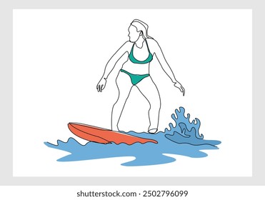 Continuous single line sketch drawing of professional surfing athlete woman ride surfboard on big wave. One line art of extreme sport surfer on beach summer vector illustration