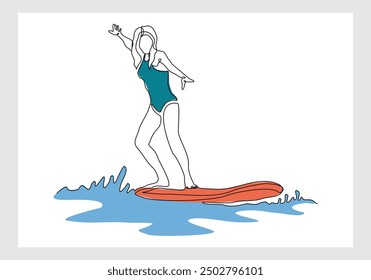 Continuous single line sketch drawing of professional surfing athlete woman ride surfboard on big wave. One line art of extreme sport surfer on beach summer vector illustration