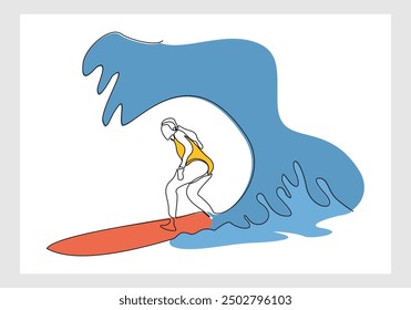 Continuous single line sketch drawing of professional surfing athlete woman ride surfboard on big wave. One line art of extreme sport surfer on beach summer vector illustration