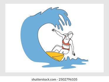 Continuous single line sketch drawing of professional surfing athlete woman ride surfboard on big wave. One line art of extreme sport surfer on beach summer vector illustration