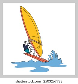 Continuous single line sketch drawing of professional windsurfing athlete ride surfboard on ocean wave. One line art of extreme sport and summer holiday vacation vector illustration