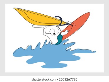 Continuous single line sketch drawing of professional windsurfing athlete ride surfboard on ocean wave. One line art of extreme sport and summer holiday vacation vector illustration