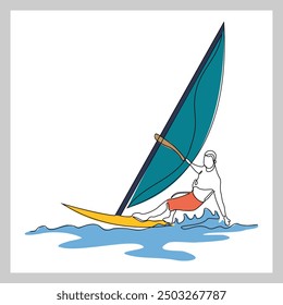 Continuous single line sketch drawing of professional windsurfing athlete ride surfboard on ocean wave. One line art of extreme sport and summer holiday vacation vector illustration