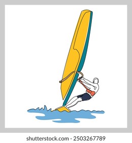 Continuous single line sketch drawing of professional windsurfing athlete ride surfboard on ocean wave. One line art of extreme sport and summer holiday vacation vector illustration