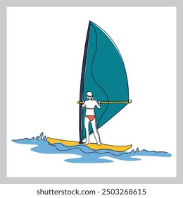 Continuous single line sketch drawing of professional windsurfing athlete ride surfboard on ocean wave. One line art of extreme sport and summer holiday vacation vector illustration