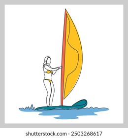 Continuous single line sketch drawing of professional windsurfing athlete ride surfboard on ocean wave. One line art of extreme sport and summer holiday vacation vector illustration
