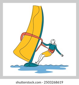 Continuous single line sketch drawing of professional windsurfing athlete ride surfboard on ocean wave. One line art of extreme sport and summer holiday vacation vector illustration