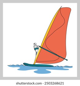 Continuous single line sketch drawing of professional windsurfing athlete ride surfboard on ocean wave. One line art of extreme sport and summer holiday vacation vector illustration